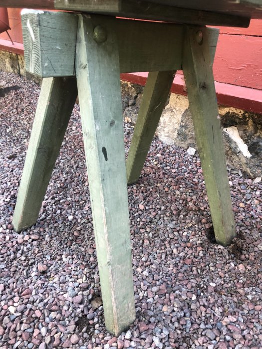 Benbockar till en bänk med snedställda ben och överliggare, konstruerade i trä, mot en grusig mark och röd vägg.