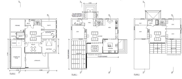 Arkitektritningar över källarplan och två våningar för renovering och tillbyggnad med pool och uterum.