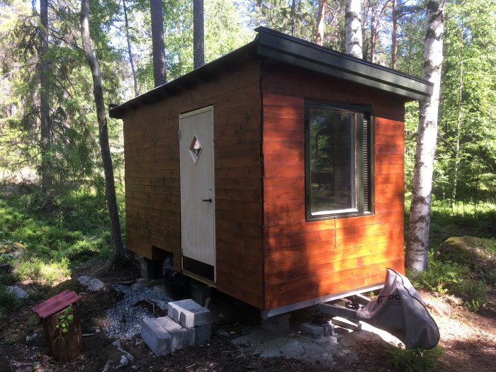 Nyinstallerad dörr på en liten trästuga i skogsmiljö med ett fönster och takutsprång.