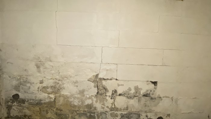 Fuktskada på en lättbetongvägg med sprickor och flagande färg i en källare.