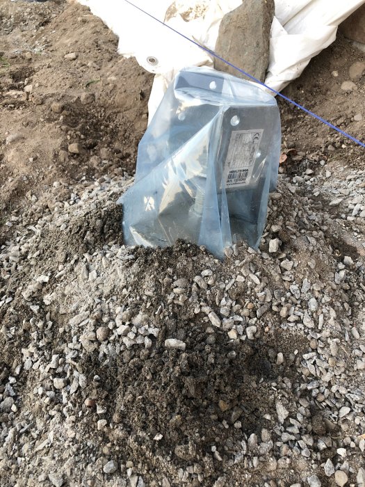 Byggplast virad runt ett okänt objekt på en byggarbetsplats med grus och jord.