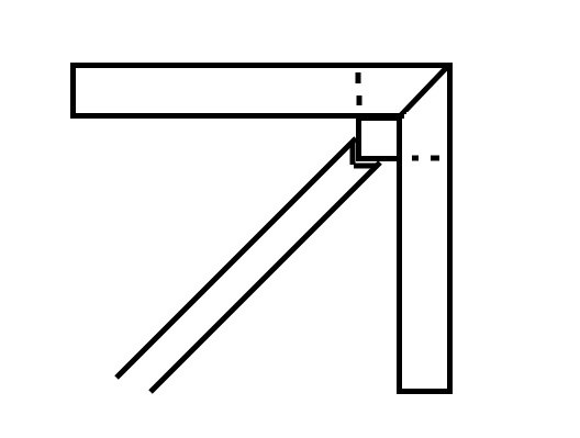 Schematisk bild av husets ytterhörn med urjackad stolpe och bärlinor i 45 graders vinkel.