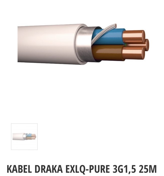 Elektrisk kabel Draka EXLQ-PURE 3G1,5 25m med avskalad ände som visar tre kopparkärnor.