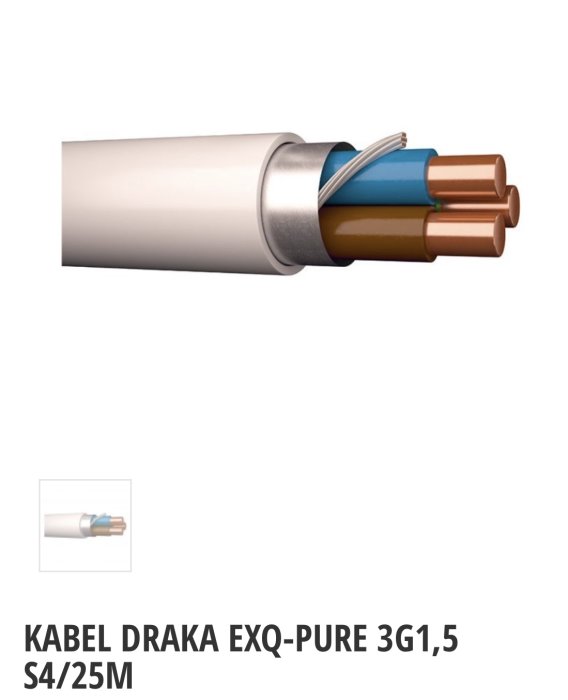 Avskalad elektrisk installationskabel märkt DRAKA EXQ-PURE 3G1,5 synlig med blå, brun och gul/grön tråd.