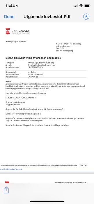 Skärmbild av ett avslagsbeslut från Helsingborgs stad gällande en ansökan om bygglov för fasadändring.