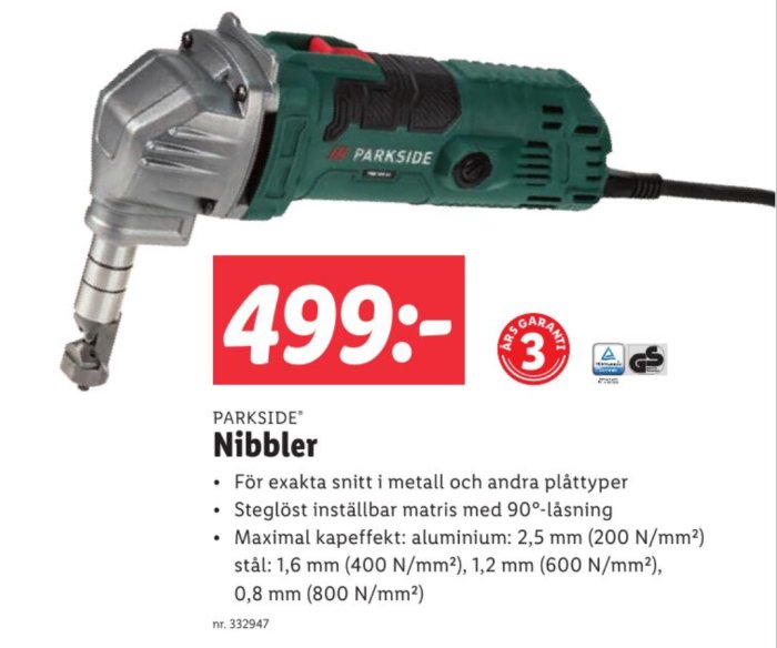 Parkside nibbler-verktyg för exakta metallklipp med prisangivelse och 3-års garanti-logotyp.