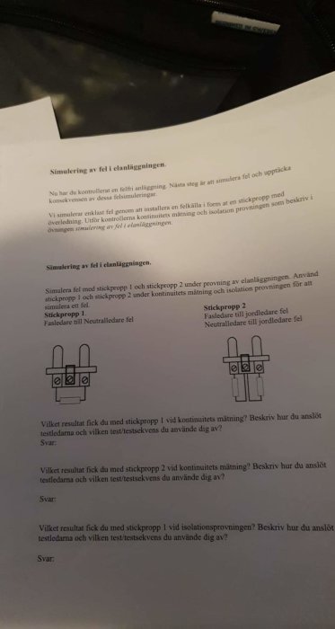 Dokument med text och diagram som beskriver simuleringsfel i en anläggning med stickproppar.