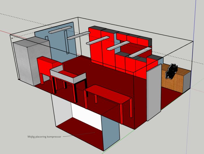 3D-skiss av ett garage med potentiell plats för en 150L-kompressor markerad under trappan.