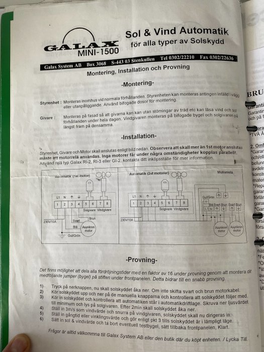 Manual för Sol & Vind Automatik MINI-1500, med anvisningar för montering, installation och provning av solskydd med asynkronmotor.
