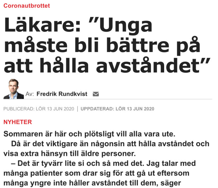 Skärmdump av en artikel från Aftonbladet med rubriken om unga och social distansering under coronautbrottet.