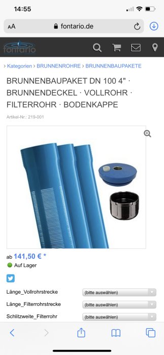 Brunnbyggset inklusive blått brunnrör, överlock och svart sump med invändig gänga.
