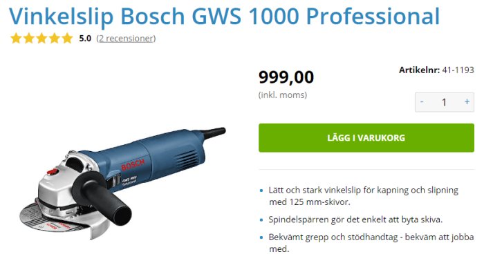 Bosch GWS 1000 Professional vinkelslip med produktdetaljer och pris på Clas Ohlson webbsida.