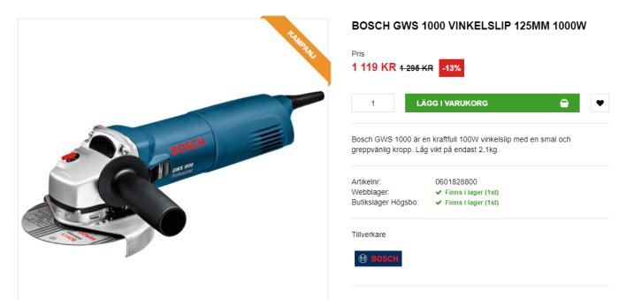 Bosch GWS 1000 vinkelslip med kampanjpris och produktinformation.