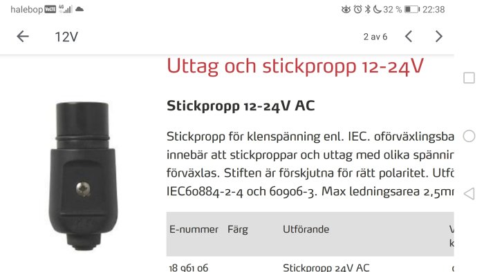 Svart stickpropp för klenström märkt 12-24V AC, designad för att undvika förväxling.