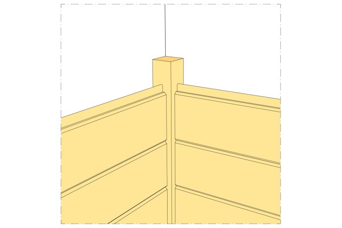 Illustration av hörn där en fyrkantslist är placerad större än väggpanelerna för att skapa en ram.