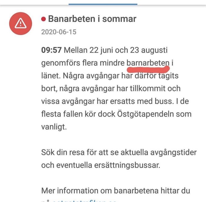 Skärmdump av Östgötatrafikens meddelande om banarbeten under sommaren med markerat stavfel.