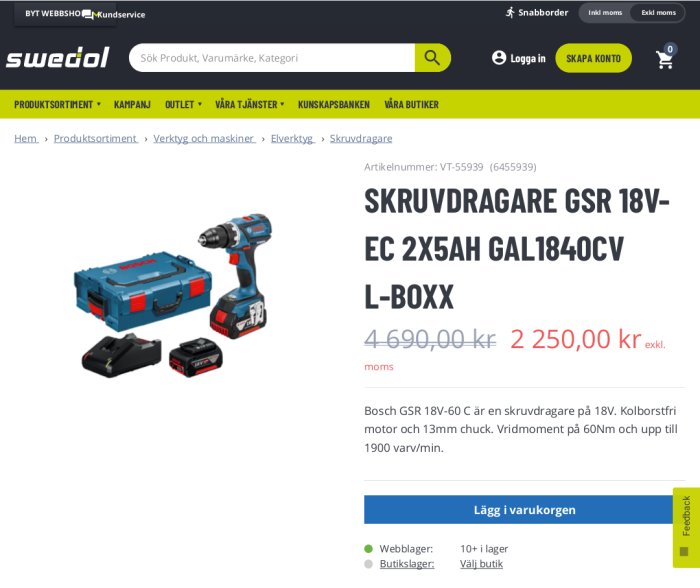 Trådlös skruvdragare med två batterier, laddare och förvaringsväska på en e-handelssida med prisinformation.