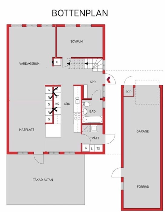 Bottenplan av hus med markerad vägg mellan sovrum och vardagsrum, samt kökshalvön.