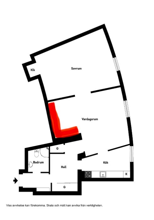 Planritning av en lägenhet där en sovalkov är markerad i rött för att visa en tänkt placering av ett nytt kök.