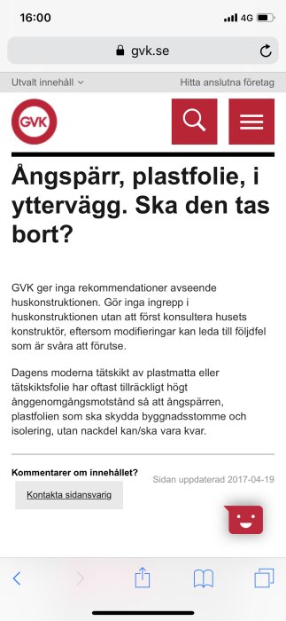 Skärmdump av en webbsida om ångspärr och plastfolie i yttervägg från gvk.se.
