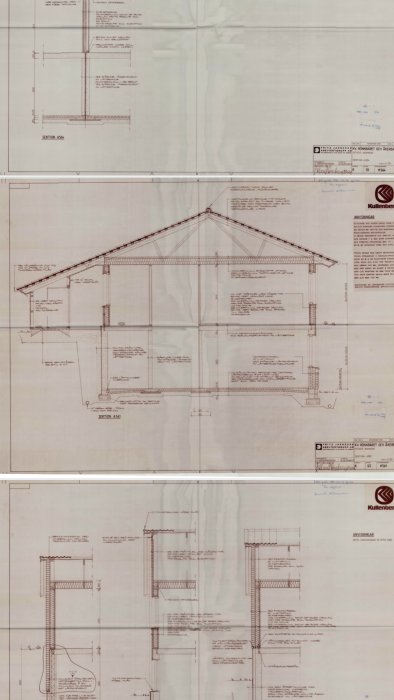 Detaljerad arkitektonisk ritning visar sektioner och konstruktion av en byggnad med mått och anmärkningar.