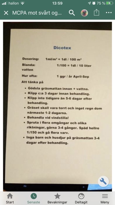 Instruktionsblad för ogräsmedlet Dicotex som visar dosering och råd för behandling av gräsmatta.