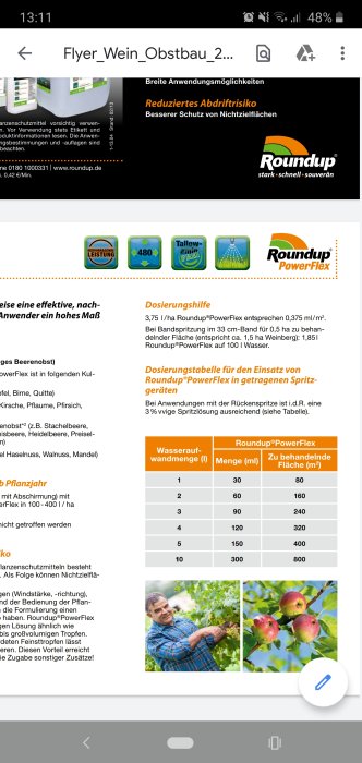Skärmdump av en mobiltelefon som visar etiketten och doseringstabellen för Roundup PowerFlex växtskyddsmedel.
