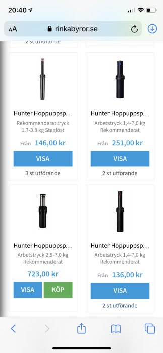 Skärmdump från webbutik med fyra modeller av Hunter popup-sprinklers och deras priser.