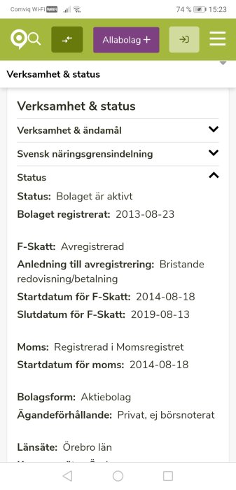 Skärmdump från en företagsinformationssida som visar status för Pennybridge Construction AB, inklusive F-skatt och ägande.