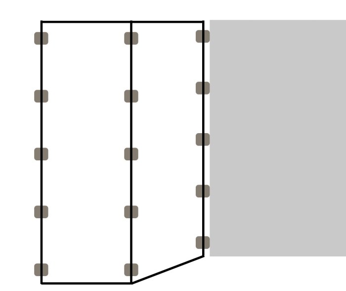 Skiss av en grund med utplacerade plintar och en markerad vinkel på höger sida.