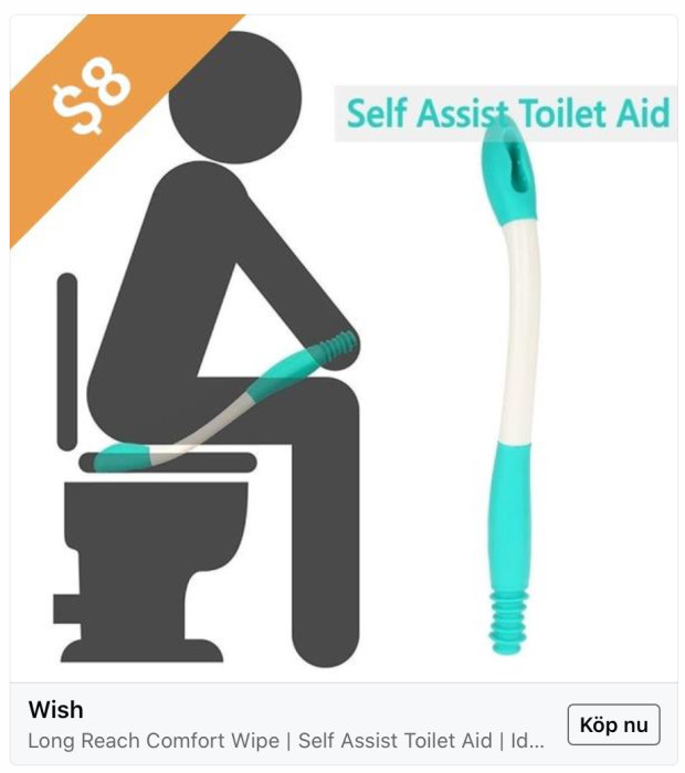 Reklambild för "Self Assist Toilet Aid" som visar en ikon av en person som använder hjälpmedlet på toaletten.