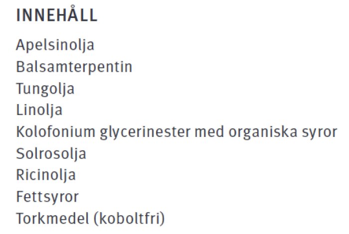 Lista över ingredienser såsom apelsinolja, balsamterpentin och linolja för en klinkeroljeprodukt.