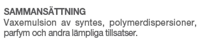 En etikett som beskriver sammansättning av vaxemulsion, polymerdispersioner och tillsatser.