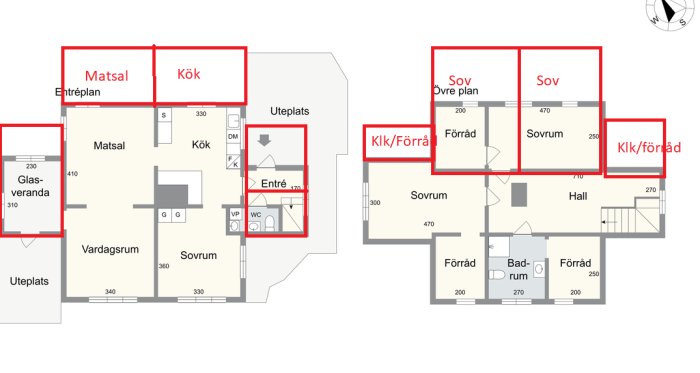 Ritning av husplan med förslag på utbyggd matsal, kök och entré samt nya sovrum och förvaringsutrymmen på övervåningen.