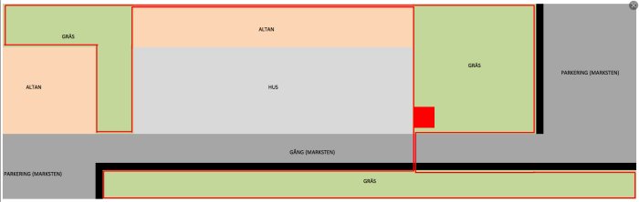 Schematisk ritning av en trädgård med markeringar för gräsmatta, altan, hus och gångvägar, plan för robotgräsklippare.