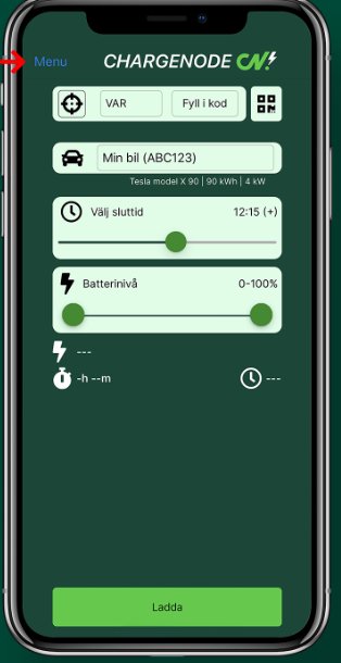 Skärmbild av Chargenode-appen som visar inställningar för laddning, inklusive bilmodell, avresetid och batterinivå.