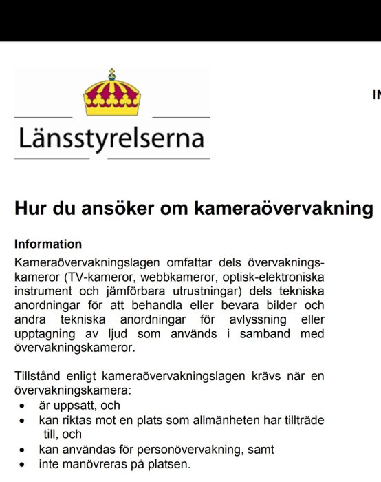 Informationsdokument om ansökan för kameraövervakning från Länsstyrelsen.