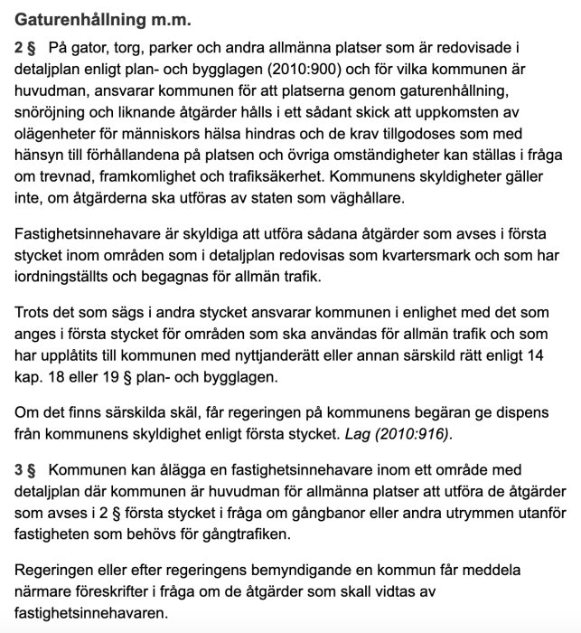 Bild av ett dokument om lagar och regler för gaturenhållning och skyltning, inklusive detaljplan och kommunens ansvar.