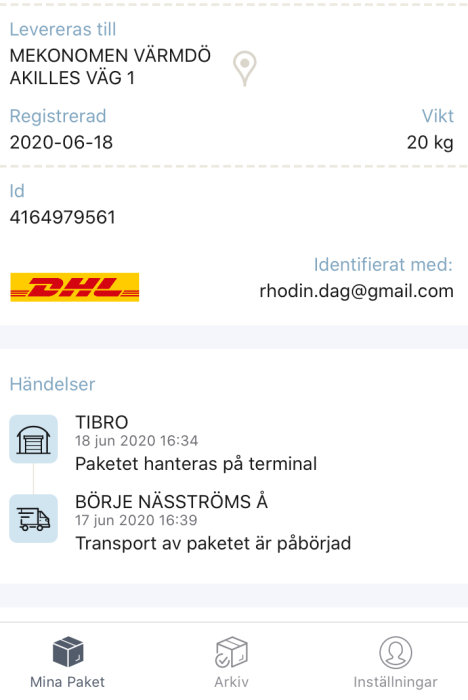 Skärmdump från paketspårningssystem med detaljer om leverans och tidsstämplar för pakethantering.