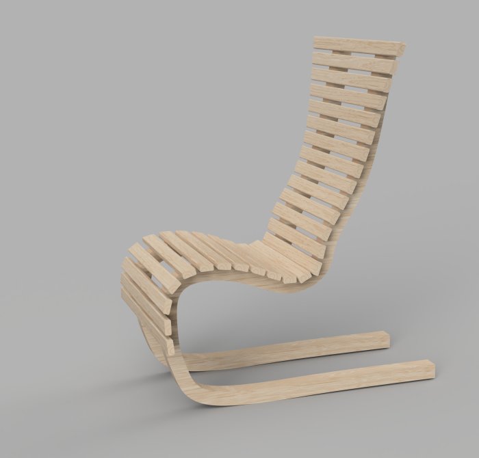 3D-modell av en loungestol designad med skiktlimning, justerad nackvinkel och sittyta.