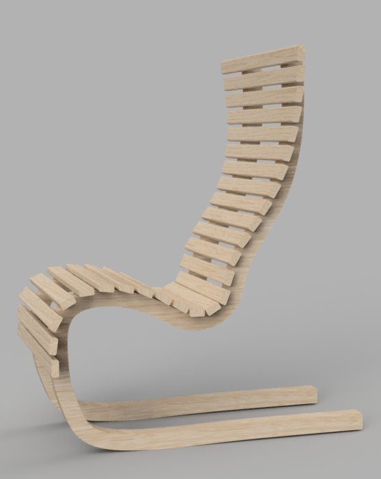 3D-modell av en skiktlimmad loungestol med ergonomisk design.