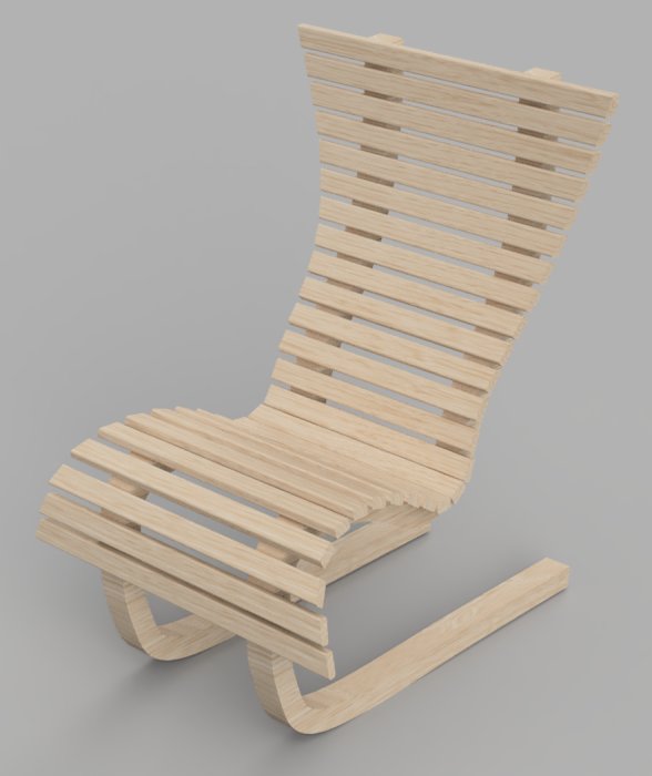 3D-modellerad loungestol av trälameller i skiktlimning designad i Fusion.