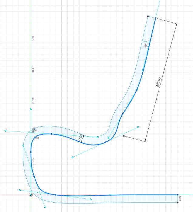 Skärmdump av en 2D CAD-design i Fusion som visar en sidovy av en loungestol med annoterade mått och justeringspunkter.