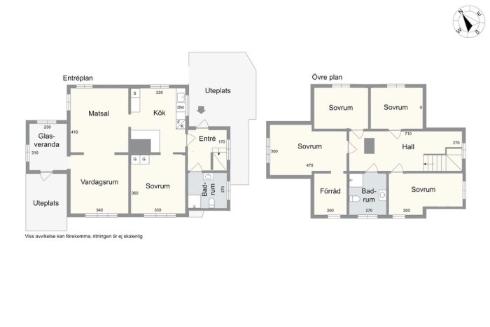 Arkitektritning av en tvåvåningsvilla med planlösning för entre- och övre plan.