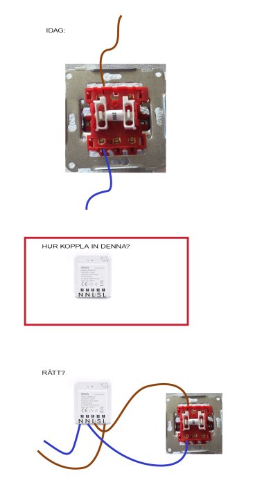 Skiss med befintlig elinstallation och hur man kopplar in Nexa dosdimmer MWMR-251, med markerade kablar och anslutningar.