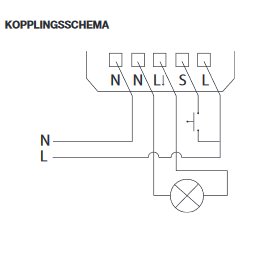 Elektriskt kopplingsschema med märkningar för nolla (N), fas (L) och en strömbrytare symboliserad med cirkel och sträck.