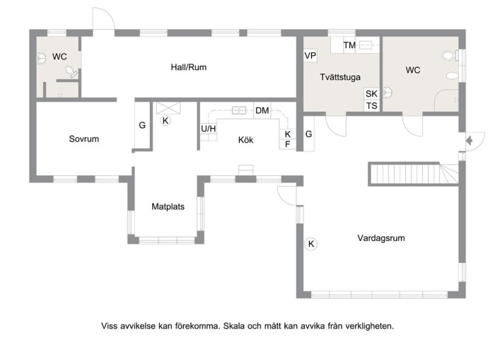 Schematisk planlösning av en våning med sovrum, kök, vardagsrum, matplats och ett avdelat hall/rum.