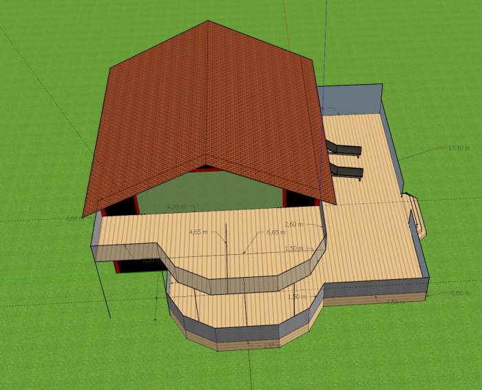 3D-modell av planerad altan och balkongutbyggnad med måttmarkeringar.