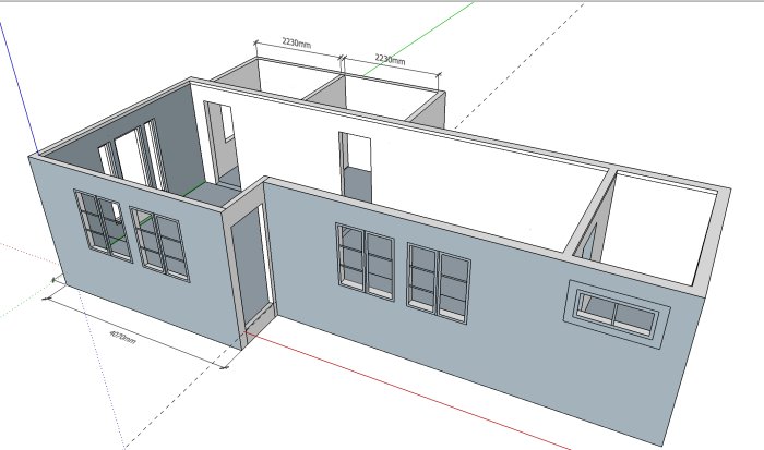 3D-ritning av en byggnad som visar väggstommar och måttsättning för en kommande byggetapp.