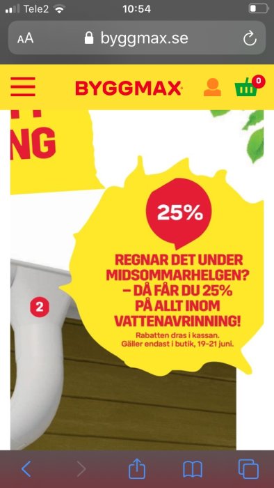 Reklam för 25% rabatt på vattenavrinning hos Byggmax om det regnar under midsommarhelgen.